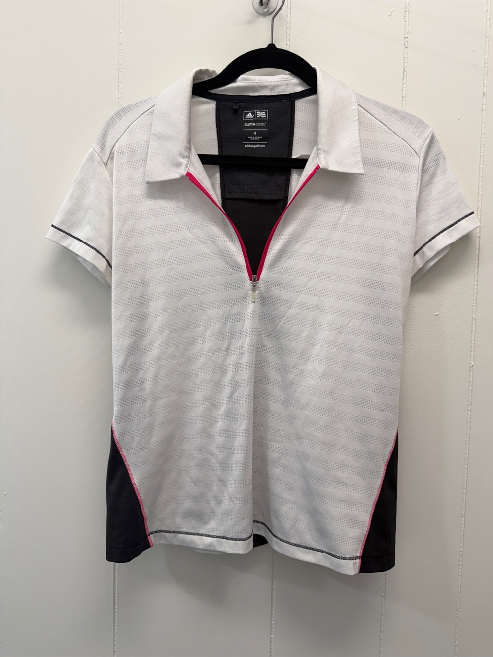 adidas | White Golf Polo with Black Panels & Pink Trim | M